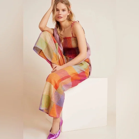Anthropologie DRA Rainbow Plaid Madras Sierra Smocked Linen Sleeveless Jumpsuit - Picture 4 of 6